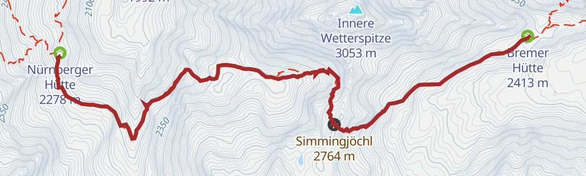 Route map: Bremer Hütte-Nürnberger Hütte über Simmingjoch